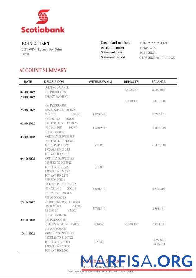 Realistic Saint Lucia Scotiabank bank statement word download for verification